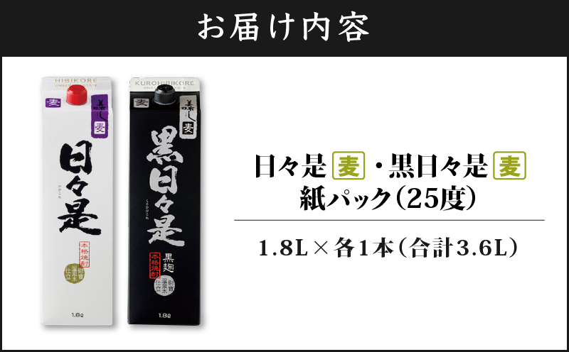 2761 麦焼酎 紙パック2本 『日々是（麦）』『黒日々是（麦）』温泉水仕立ての焼酎　KN021-010