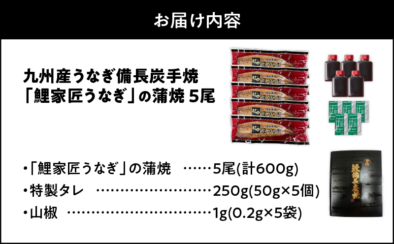 2900 九州産 卵うなぎ 備長炭手焼鯉家匠うなぎの蒲焼5尾（600g）　KN029-005-04