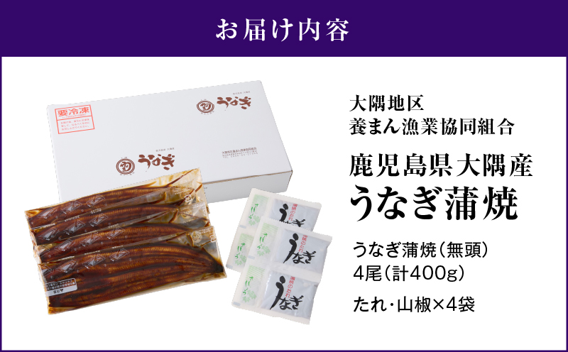 【期間限定】鹿児島県大隅産うなぎ蒲焼4尾（400g）　KN007-023