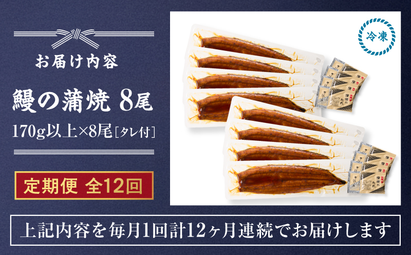クラウドファンディングで応援！【全12回定期便】鰻の蒲焼 8尾（170g×8）　KN026-T10