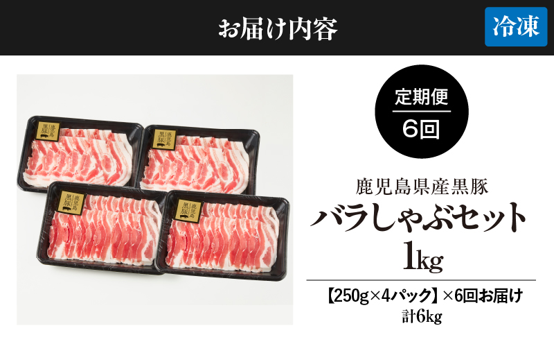 【6回定期】鹿児島県産黒豚バラしゃぶセット1kg （250g×4パック）×6回お届け 計6kg　KN054-T06