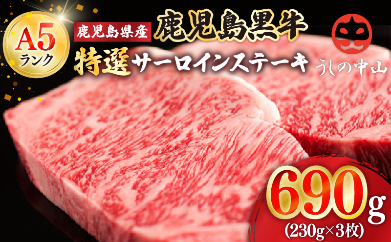 1106-1 鹿児島県産「鹿児島黒牛」A5ランク特選サーロインステーキ690g（230g×3枚）　KN050-003