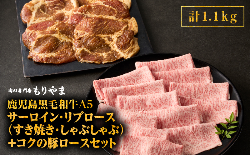 1417 鹿児島黒毛和牛A5サーロイン・リブロース（すき焼き・しゃぶしゃぶ）＋『コクの豚ロース』セット　KN036-012