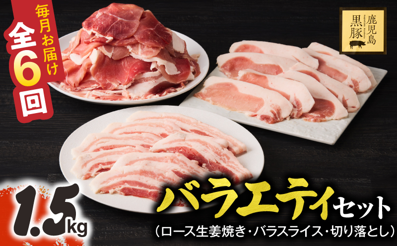 1913-1 【6ヶ月定期便】鹿児島県産黒豚 バラエティセット（ロース生姜焼き・バラスライス・切り落とし）1.5kg　KN054-T04