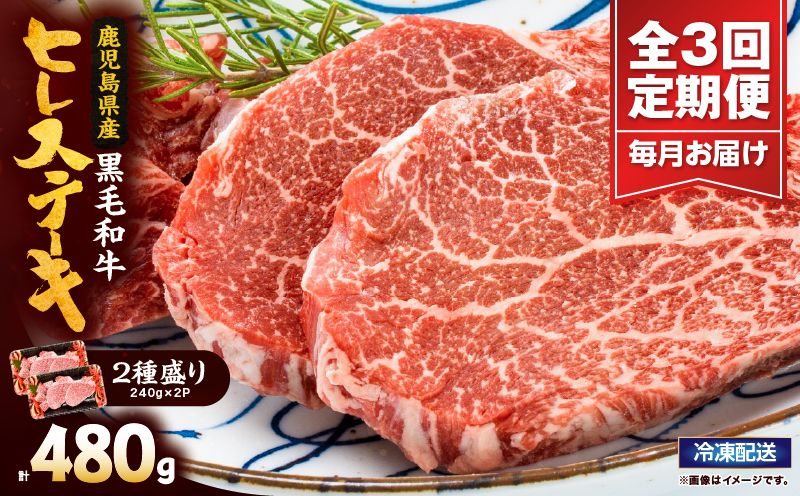 2623 【全3回定期便】4等級以上 鹿児島県産黒毛和牛ヒレステーキ 2種盛り 480g×3回　KN101-T01