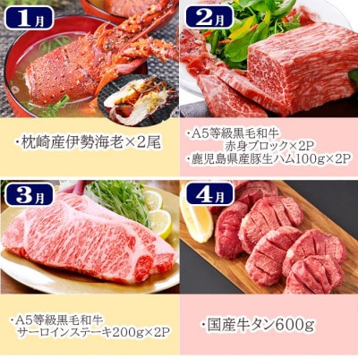 豪華定期便 12回配送　枕崎産伊勢海老　鹿児島県産黒毛和牛　黒豚 LL40-0001【配送不可地域：離島】