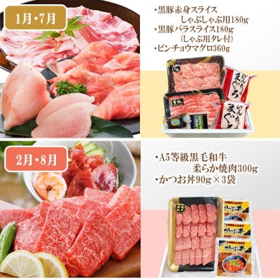 定期便(6回)A5等級黒毛和牛・黒豚・かつお・まぐろ FF-0058【配送不可地域：離島】