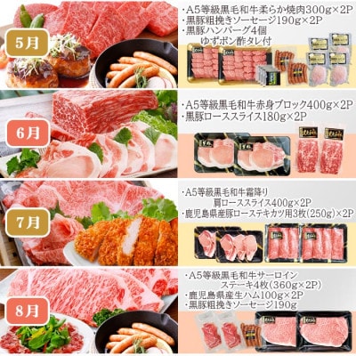 お肉の定期便(12回)枕崎お楽しみ便(A5等級黒毛和牛・黒豚・黒豚加工品etc) KK-6003【配送不可地域：離島】