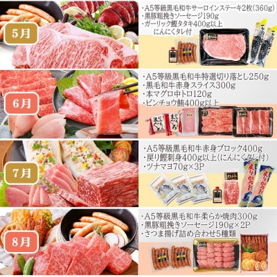 定期便(12回配送)お楽しみ便(A5等級黒毛和牛・黒豚・かつお・まぐろ・さつまあげ等)JJ-6002【配送不可地域：離島】