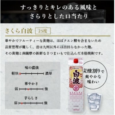 【さつま白波】【黒白波】【さくら白波】25度・1800ml　各2パックセット C7-9【配送不可地域：離島】