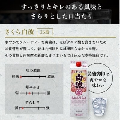 【薩摩酒造】1.8Lパック入り・黒白波3本・さつま白波2本・さくら白波1本　計6本セット C7-24【配送不可地域：離島】