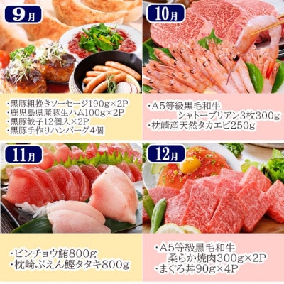 豪華定期便 12回配送　枕崎産伊勢海老　鹿児島県産黒毛和牛　黒豚 LL40-0001【配送不可地域：離島】