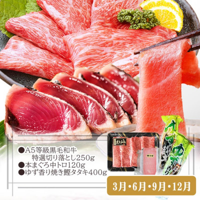定期便(3回の配送)枕崎お楽しみ便(黒毛和牛・まぐろ中トロ・鰹・さつまあげetc) LL-6002【配送不可地域：離島】
