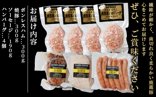ハンバーグ・ソーセージ・ハム・焼豚【合計1.3kg】枕崎産黒豚 B3-4【配送不可地域：離島】
