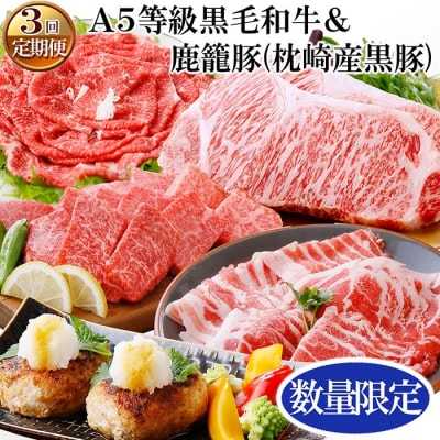 定期便(3回配送)　毎月A5等級黒毛和牛＆鹿籠豚(枕崎産黒豚)　「数量限定」 EE-0072【配送不可地域：離島】