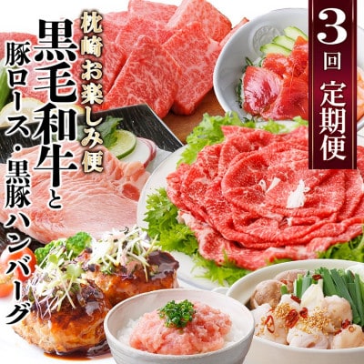 定期便【3回配送】枕崎お楽しみ便(A5黒毛和牛・豚ロース・黒豚ハンバーグ・かつお丼)LL-6037【配送不可地域：離島】