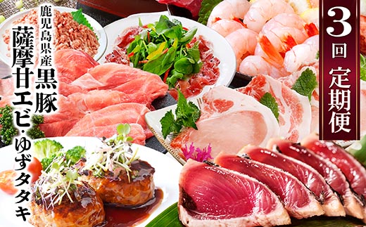 【定期便3回配送】鹿児島県産黒豚・天然タカエビ(薩摩甘エビ)・鰹たたき　OO-0002【配送不可地域：離島】