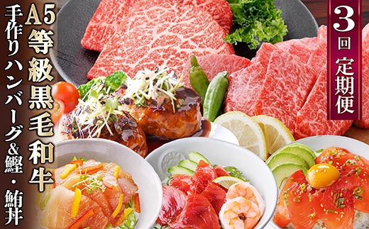 定期便(3回配送)枕崎お楽しみ便(黒毛和牛・黒豚ハンバーグ・まぐろ　かつお丼) LL-6005【配送不可地域：離島】
