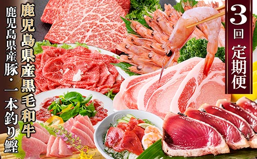 定期便(3ケ月配送)鹿児島県産黒毛和牛・豚肉・一本釣りかつお LL-6038【配送不可地域：離島】