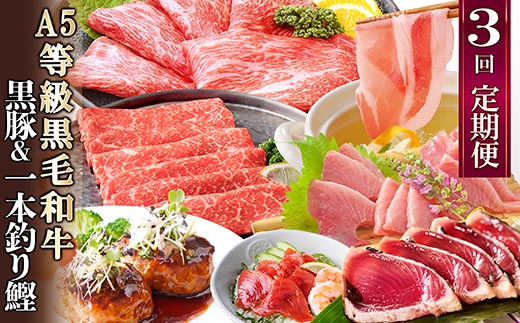 定期便(3回配送)黒毛和牛・黒豚・カツオ LL-6036【配送不可地域：離島】