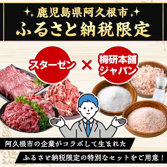 ＜定期便・全6回＞岩塩付き！鹿児島県産黒毛和牛・黒豚定期便 (肉：総量約5.2kg/岩塩：600g) 国産 九州産 鹿児島産 牛肉 国産牛 豚肉 セット サーロイン ステーキ 切り落とし 切落し コラボ ピンク 岩塩 【スターゼン×梅研本舗ジャパン】akn501-04