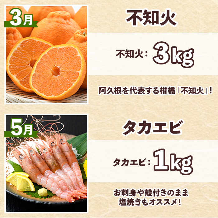 ＜定期便・全6回(奇数月)＞阿久根市の山の幸・海の幸(ぼんたん・不知火・タカエビ・メロン・伊勢海老など)国産 柑橘 みかん フルーツ 果物 魚介 頒布会【松永青果】akn053-37