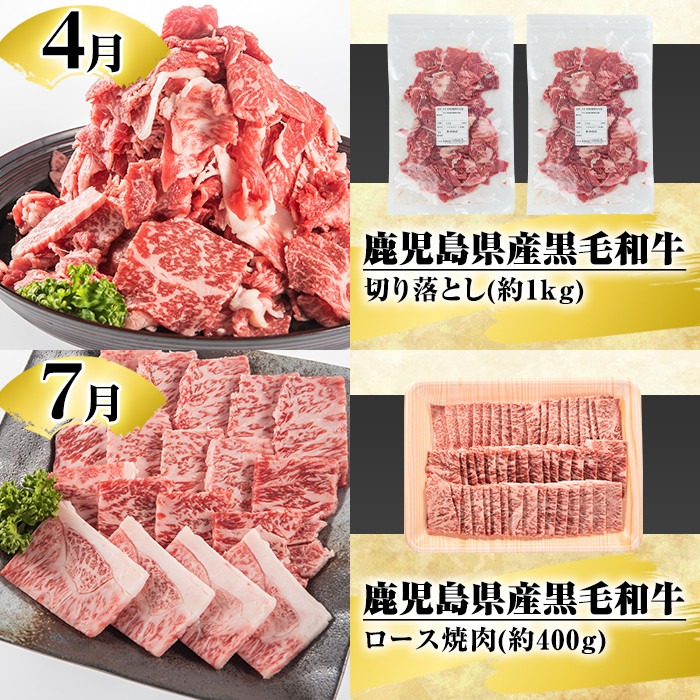 ＜定期便・全4回(4月・7月・10月・12月)＞鹿児島県産！黒毛和牛満喫定期便(総量2.3kg超)国産 九州産 鹿児島産 牛肉 国産牛 もも モモ肉 もも肉 スライス サーロイン ステーキ 切り落とし 切落し ロース 焼肉 焼肉セット 赤身 A4 頒布会【スターゼン】akn042-21