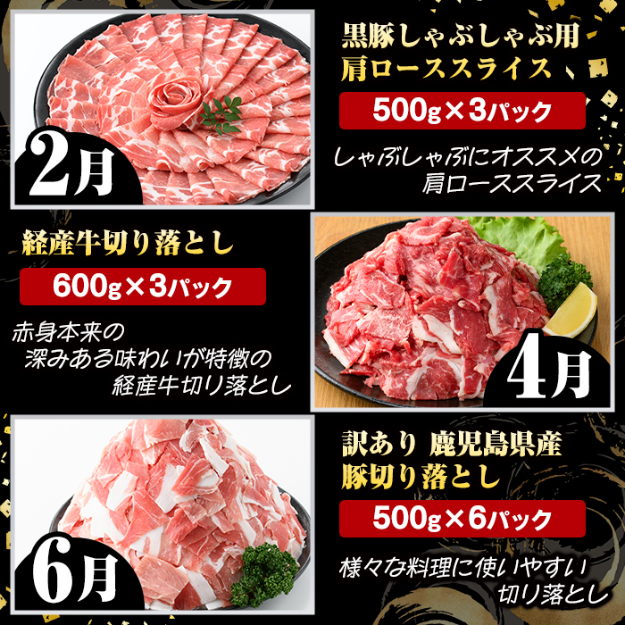 ＜定期便・全6回(偶数月)＞6人家族用！鹿児島県産 牛肉・豚肉 詰め合わせ B (総量9.8kg) 国産 黒豚 しゃぶしゃぶ 肩 ロース スライス 訳あり 切り落とし 黒毛和牛 サーロイン ステーキ 黒豚 バラ カタ ウデ 小分け セット 【スターゼン】akn042-38