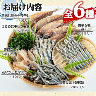 鹿児島県阿久根市産干物セット(6種) 国産 九州産 鹿児島県産 新鮮 鮮度 魚 魚介類 乾物 ひもの おつまみ おかず お弁当 珍味 一夜干し きびなご あじ いか あおさ【マルフク川畑水産】akn029-01