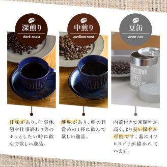 自家焙煎珈琲(深煎り、中煎り・各100g×1袋)と豆缶(グレー)のセット！阿久根市 コーヒー 珈琲 珈琲豆 コーヒー豆 焙煎豆 飲料 ドリンク coffee 容器 入れ物 ケース【まちの灯台阿久根】akn027-18