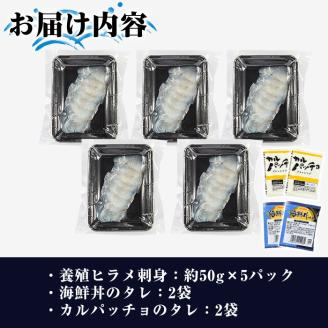 ＜2025年12月中旬以降順次発送予定＞阿久根産 活き〆ヒラメ刺身(約50g×5パック)国産 養殖 ヒラメ ひらめ 魚 カルパッチョ 海鮮丼 調味タレ【寺地義明商店】akn074-01