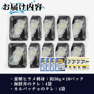 ＜2025年12月中旬以降順次発送予定＞阿久根産 養殖ヒラメ刺身(約50g×10パック)国産 養殖 ヒラメ ひらめ 魚 カルパッチョ 海鮮丼 調味タレ【寺地義明商店】akn074-02