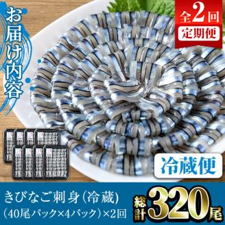 ＜定期便・全2回(冷蔵便)＞鹿児島県産！阿久根のきびなごお刺身セット(40尾×4P×2回)国産 魚介 おつまみ おかず 頒布会 青魚 子魚 小分け【椎木水産】akn054-10