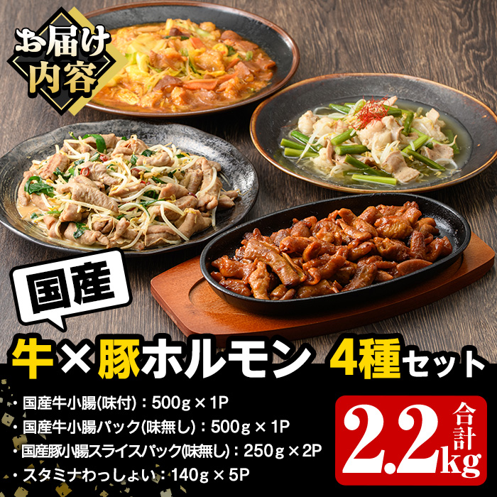 ＼テレビで紹介されました！／国産！牛×豚ホルモン食べ比べ4種セット(合計2.2kg)  阿久根市 国産 特産品 小腸 味付 パック 詰め合わせ 詰合せ 炒め物 鍋 モツ おかず お弁当 小分け 個包装 焼肉【スターゼン】akn031-02