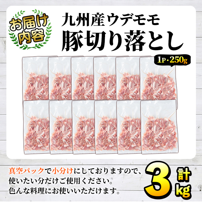 豚肉ウデモモ切り落とし(計3kg・1パック250g) 小分け 国産 豚肉 豚小間 真空パック 家庭用 豚こま 定期便 スライス 冷凍配送 個包装 切り落し 切落し すき焼き しゃぶしゃぶ セット 詰め合わせ 数量限定【三九】akn006-05