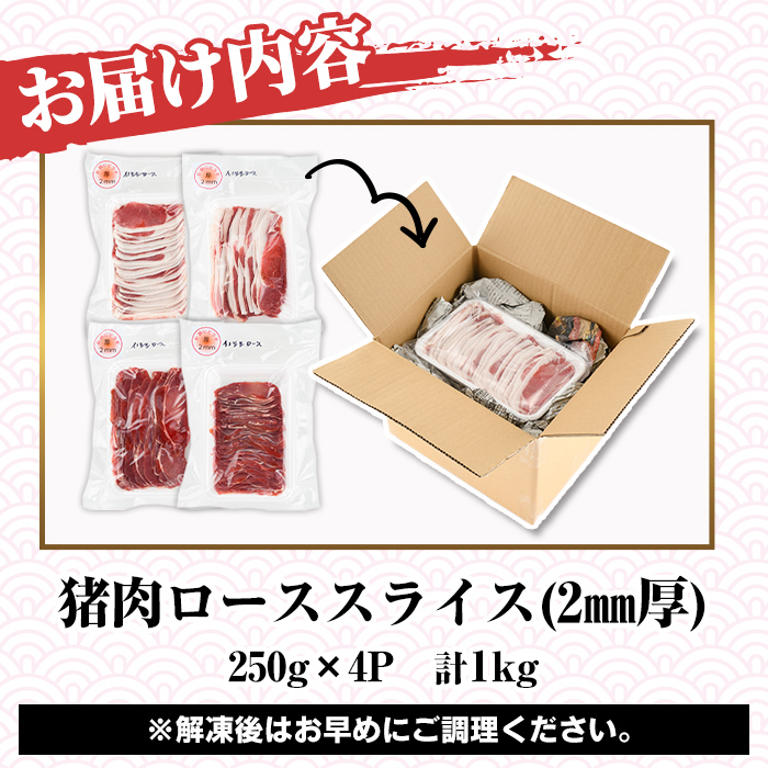阿久根産！猪肉ローススライス(計1kg・250g×4パック 2mm厚) 国産 九州 イノシシ肉 しし肉 ロース肉 いのしし 鍋 低脂質 ジビエ シシ汁 BBQ バーベキュー 小分け パック ボタン鍋 ぼたん鍋  低カロリー 高たんぱく ダイエット 鉄分 山の幸 【一般社団法人いかくら阿久根】akn076-08