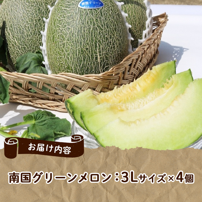 ＜2026年6月以降順次発送予定＞鹿児島県産！南国グリーンメロン(3Lサイズ×4個) メロン めろん 果物 スイーツ デザート フルーツ 【あくね旬の店いきいき館】akn015-18