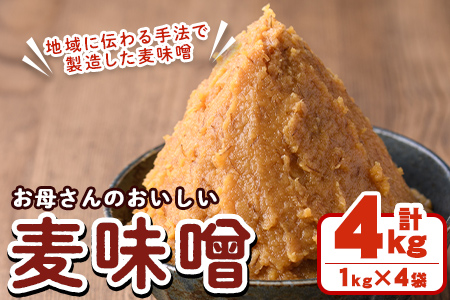 お母さんのおいしい麦味噌(計4kg・1kg×4袋)みそ 調味料 味噌 みそ汁 手作り 味噌汁 お味噌汁 朝ごはん ミソ 小分け 母の味【阿久根市生活研究グループ】akn072-01