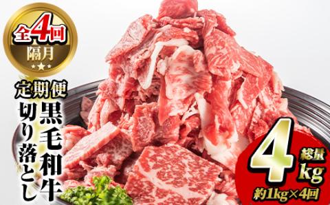 ＜定期便・全4回(隔月)＞鹿児島県産！黒毛和牛切り落とし定期便(総量4kg)国産 九州産 鹿児島産 牛肉 国産牛 切り落とし 切落し 赤身 小分け 頒布会【スターゼン】akn042-24
