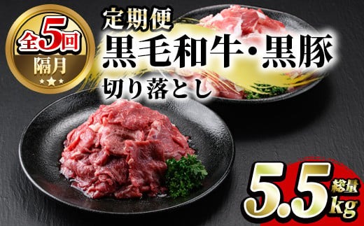 ＜定期便・全5回(隔月)＞鹿児島県産黒毛和牛・黒豚切り落とし定期便(総量5.5kg)国産 九州産 鹿児島産 牛肉 豚肉 国産牛 切り落とし 切落し 赤身 小分け 頒布会【スターゼン】akn042-22