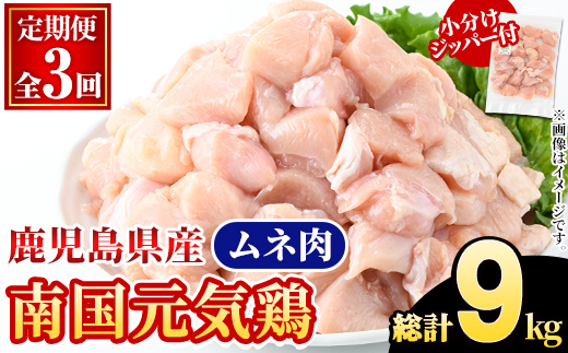 ＜定期便・全3回(隔月)＞鹿児島県産！南国元気鶏 ムネ肉(総計9kg) 国産 鹿児島県産 鶏肉 肉 お肉 ムネ肉 むね肉 胸肉 南国元気鶏 小分け 小パック 定期便 Cセット 【さるがく水産】akn028-37