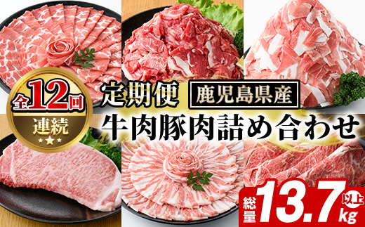 ＜定期便・全12回(連続)＞鹿児島県産 牛肉・豚肉 詰め合わせ (総量13.7kg以上) 国産 鹿児島県産 黒豚 しゃぶしゃぶ 肩 ロース スライス 訳あり 切り落とし 黒毛和牛 サーロイン ステーキ 黒豚 バラ 経産牛 カタ ウデ 小分け セット 【スターゼン】akn042-34