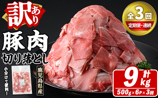 ＜定期便・全3回(連続)＞訳あり！鹿児島県産 豚肉切り落とし (計9kg) 切り落とし こま切れ 国産 鹿児島県産 豚肉 ブタ おかず バラ肉 個包装 小分け 薄切り 切り落し 切落し 冷凍配送 小間切れ コマ 訳アリ 【スターゼン】akn042-53