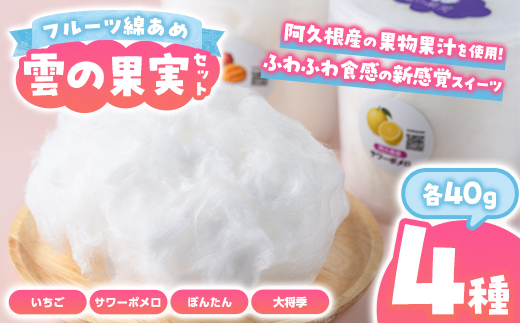 ＜2026年3月以降順次発送予定＞フルーツ綿あめ「雲の果実」アソートセット(約40g×4種・Bセット) 国産 阿久根産 わたあめ 綿飴 果汁 果物 いちご サワーポメロ ぼんたん 大将季 おやつ スイーツ 【松永青果】akn053-47