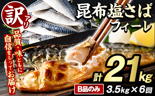 ＜定期便(隔月)・全6回＞訳あり！昆布塩さばフィーレ(B品のみ・計21kg) 大容量 ボリューム サバ 鯖 おかず おつまみ 惣菜 焼き魚 切り身 昆布 ご家庭用 リピート 定期便 【グローバルフーズ】akn061-30