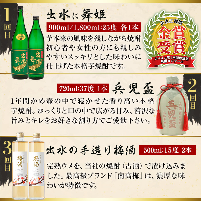 i640 ＜定期便・計12回(連続)＞出水酒造本格芋焼酎セット(全13種・合計18本) 酒 焼酎 さつま芋 本格芋焼酎 アルコール 飲み比べ 呑みくらべ 定期便 セット 数量限定 天然水 伝統 家飲み 宅飲み 【出水酒造 izumi-syuzou】