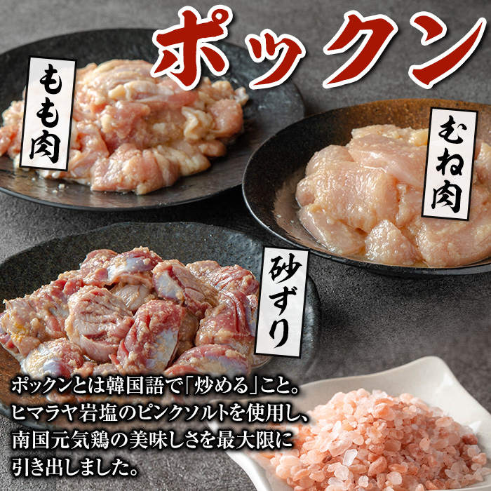 i1038 南国元気鶏のポックン詰め合わせ〈ガーリックソルト〉(合計600g・100g×各2P) ポックン 南国元気鶏 鶏肉 とり 腿肉 胸肉 砂ずり にんにく 岩塩 ピンクソルト おかず おつまみ 惣菜 焼くだけ 冷凍 【慶尚園】