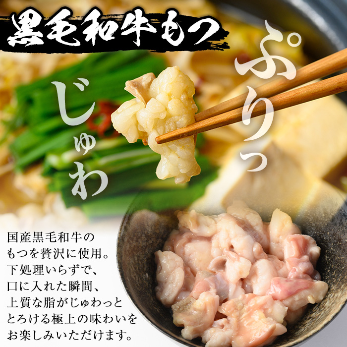 i1125-B 《毎月数量限定》黒毛和牛のもつ鍋(味噌味・2人前) もつ鍋 セット 味噌 黒毛和牛 2人前 もつ スープ 国産 和牛 牛肉 小分け 真空 特製 鍋 惣菜 冬 にんにく 【味処 心】