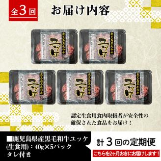 i823 《毎月数量限定》＜定期便・計3回(隔月)＞ 鹿児島県産黒毛和牛ユッケ＜(40g×5P・計200g)×全3回＞ 肉 牛肉 黒毛和牛 国産 鹿児島県産 ユッケ 生食 旨み 定期便 隔月 【カミチク】