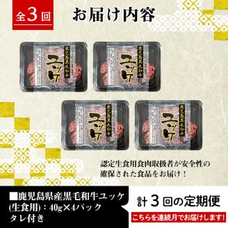 i824 《毎月数量限定》＜定期便・計3回(連続)＞ 鹿児島県産黒毛和牛ユッケ＜(40g×4P・計160g)×全3回＞ 肉 牛肉 黒毛和牛 国産 鹿児島県産 ユッケ 生食 旨み 定期便 連続月 毎月 定期便 【カミチク】